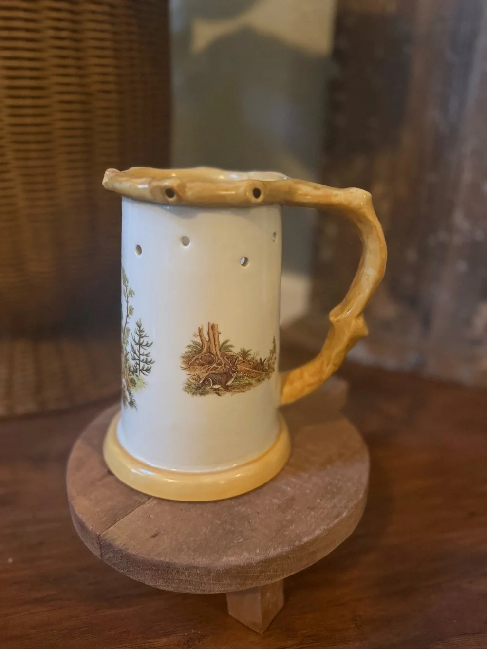 Vintage German Porcelain Trick Puzzle Beer Stein - Deer Motif w/ Lithophane
